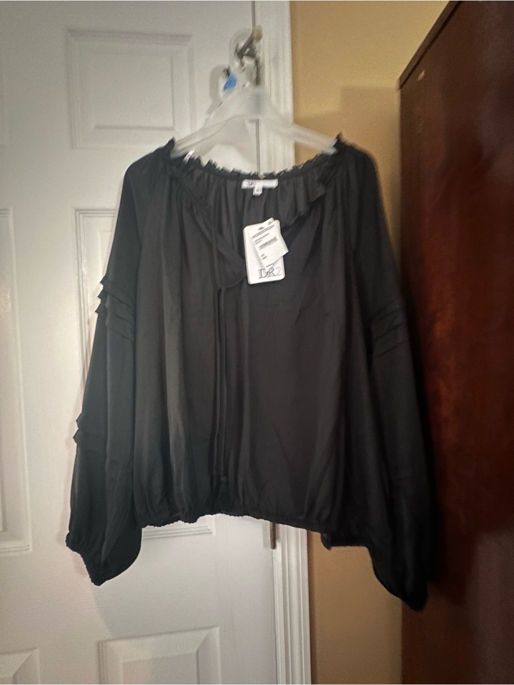 DR2 Black Billowy Peasant Blouse with Tie Neck